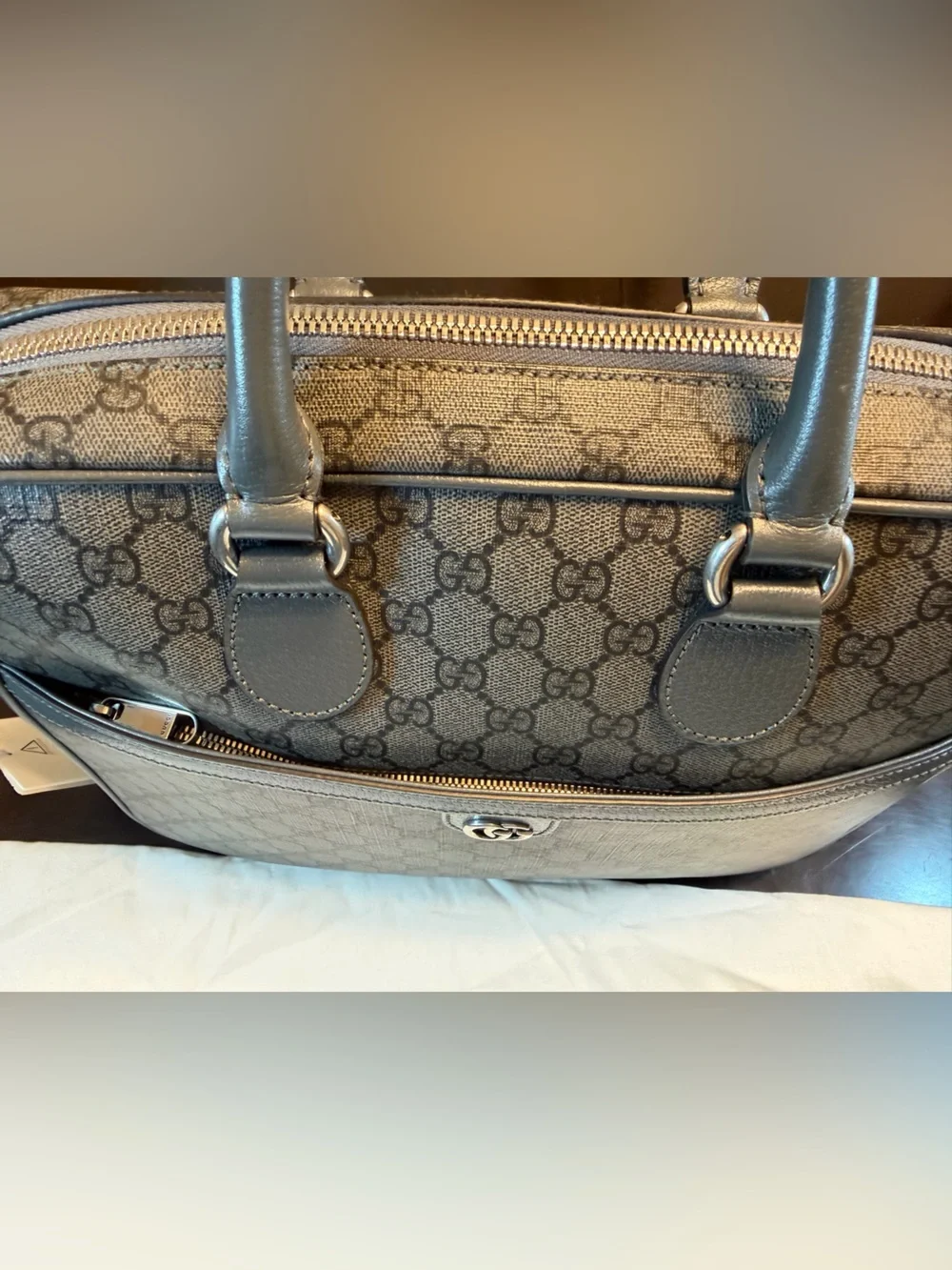 New Authentic Gucci GG Supreme Logo Ophidia Messenger Bag Briefcase Gray Medium